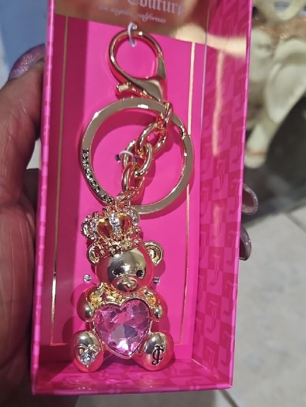 NIB! Juicy Couture Pink Crystal Crowned Bear Keychain/ Bag Charm - Picture 3 of 6